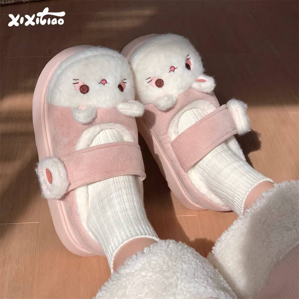 Winter Clothing Material - 冬用ホームスリッパ ソフトで可愛い猫テーマ 室内用スリッパ コットンシューズ マジックテープ 厚底スリッパ