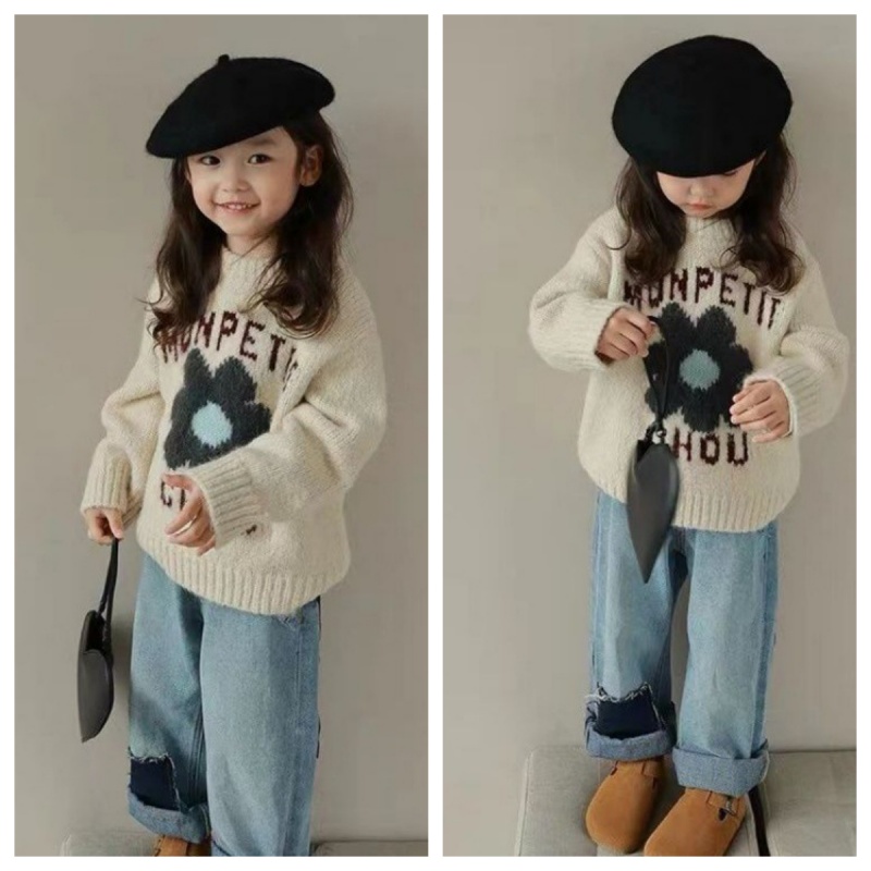 Winter Clothing Store - ソフトラウンドネック子供服店女の子のレターフラワープルオーバーセーター秋と冬の新しい子供のファッショントップ