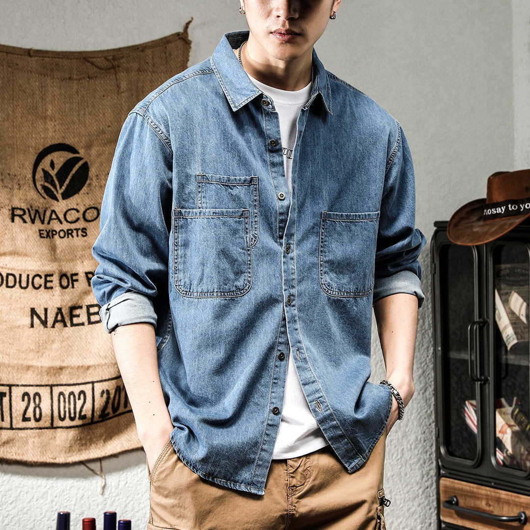 Winter Clothing Uae - 春の若者向けハンサムデニムツール加工長袖シャツメンズインスタ風トレンド万能カジュアルアメリカンレトロシャツジャケット