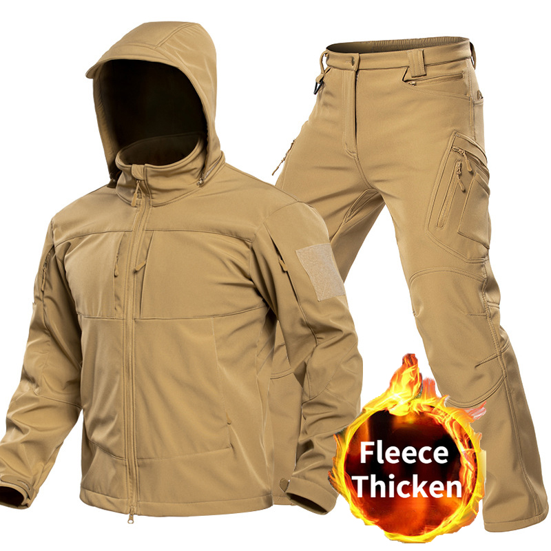 Winter Clothing Uae - 男性用アウトドアタクティカルソフトシェルスーツ フード付きフルジップジャケット カーゴパンツ 防風マルチポケットセット ハンティング・ハイキング・キャンプ用