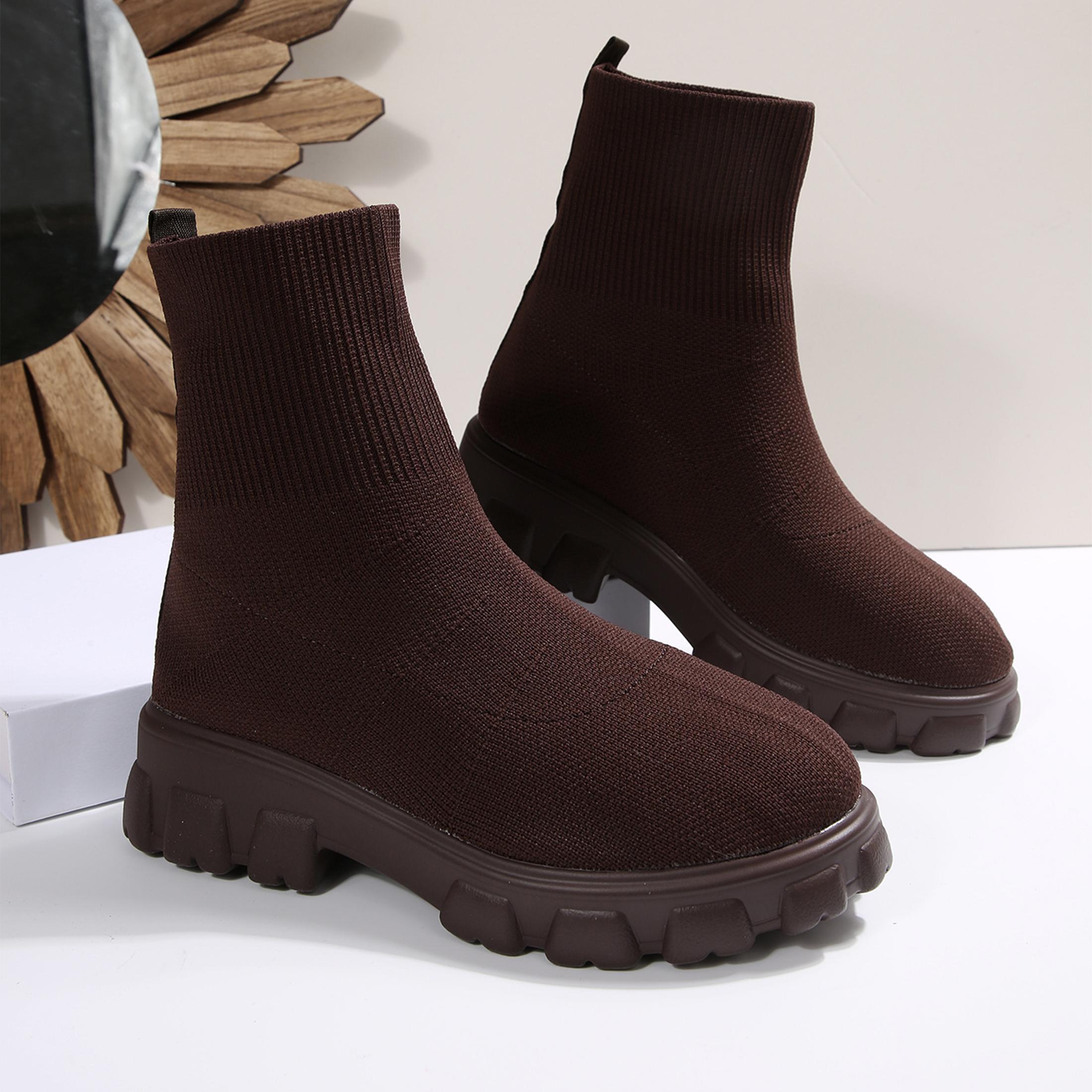 Winter Clothing Clearance Sale - 女性用アンクルブーツ、快適なラウンドトゥ、スリップオン、ストレッチ、ソフト、チャンキーブロックヒール、ニットプラットフォームブーツ、パンクドレスソックスブーツ