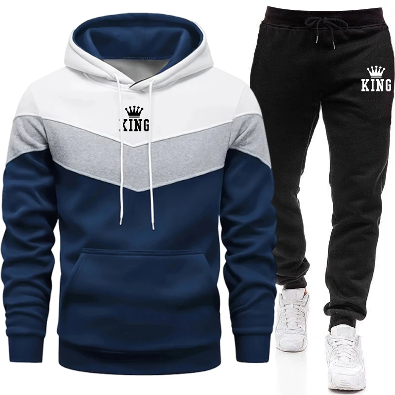 Warm Winter Clothing - キングプリントのメンズ・トラックスーツ。高品質なカジュアルスウェットシャツ。アウトドア、スポーツ、ジョギングに最適な秋冬用の暖かいパーカー。2点セット。