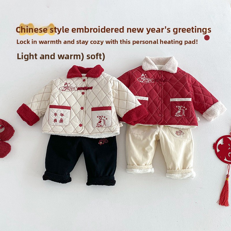 Winter Clothing For Babies - 子供用新年服2025年新作冬物男の子刺繍入り漫画風ぬいぐるみ綿服ベビー綿服