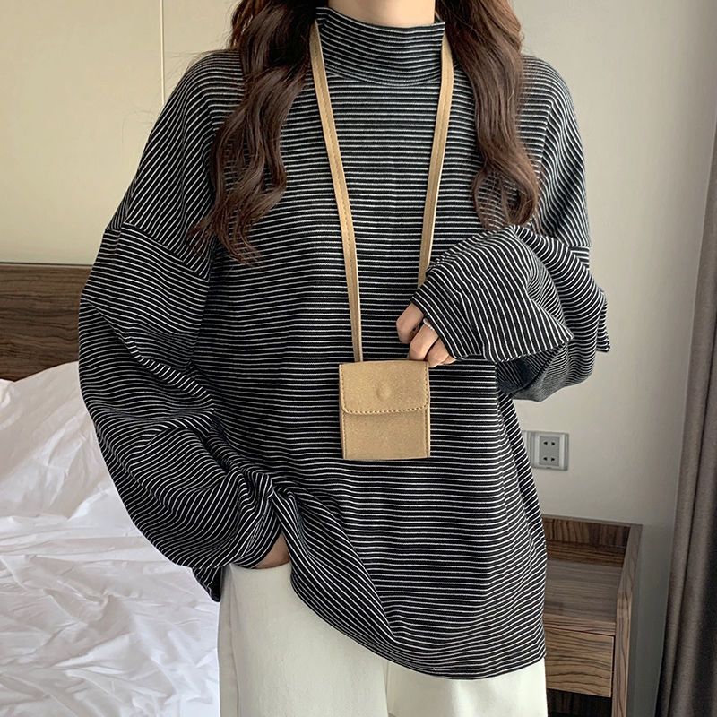 Winter Clothing Affordable - 女性用ハーフハイカラーTシャツ,長袖,ルーズ,単色,お手頃価格,韓国,秋,冬,ファッショナブル
