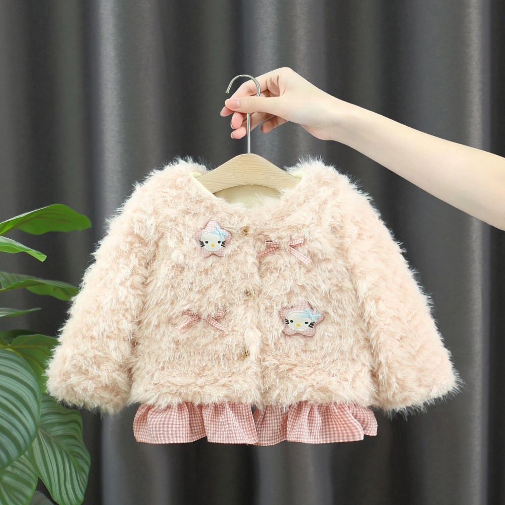 Winter Clothing For Babies - ベビーガール用コート、秋・冬用、コットン素材、リボン付き、チェック柄、長袖、ベビーガール用ジャケット、漫画柄、裏起毛、ベビー服。