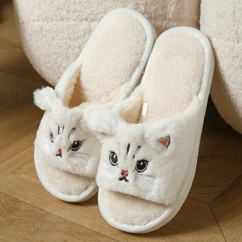 Winter Clothing Material - かわいい猫のぬいぐるみ風ビーチサンダル、男女兼用、暖かいふわふわのトングスリッパ、漫画風アニマル柄室内用スリッパ、柔らかく厚いEVAサンダル