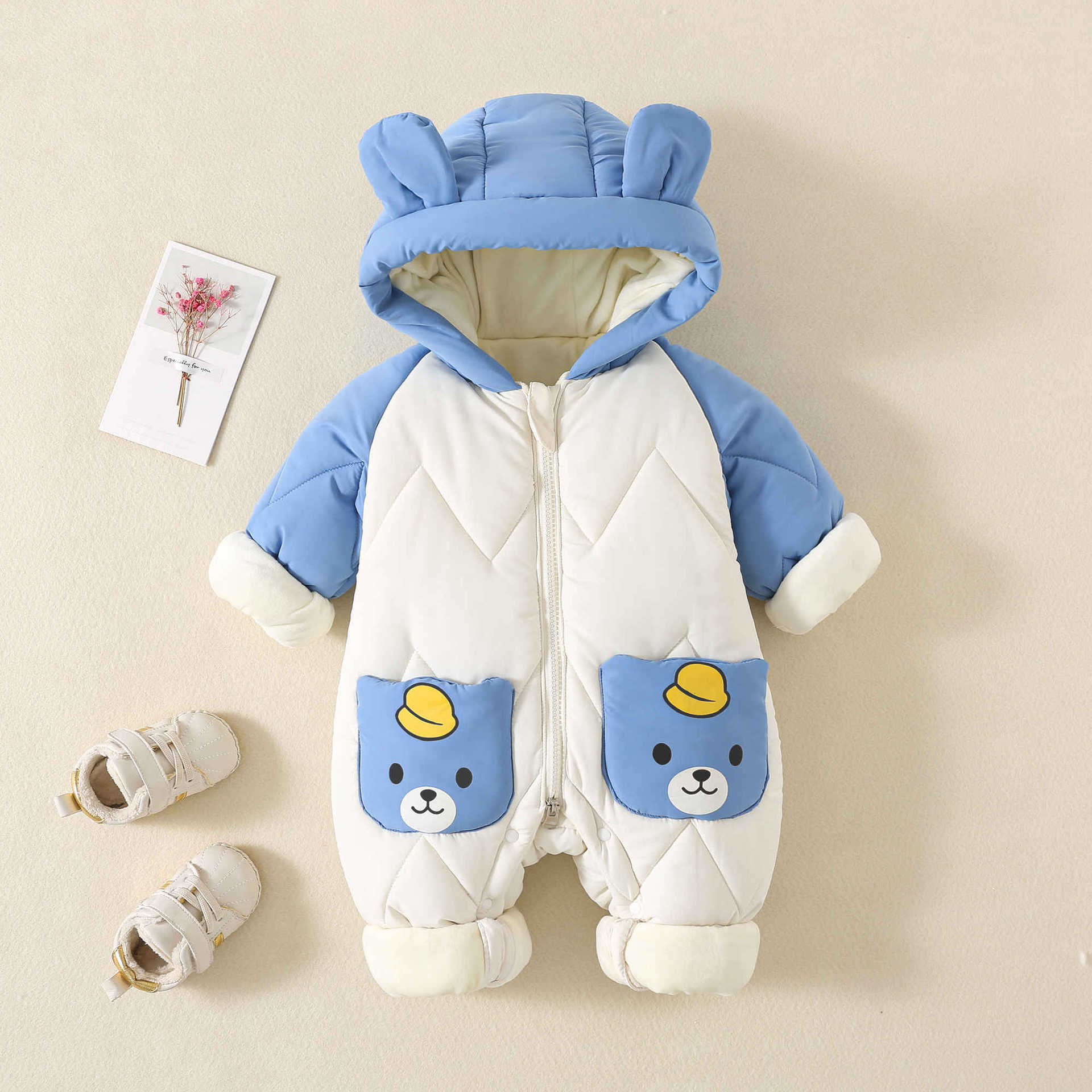 Winter Clothing For Babies - 冬用ベビーアウターウェア、ファー裏地付き暖かい幼児用ロンパース、男の子と女の子用、漫画のクマ柄のベビージャンプスーツ