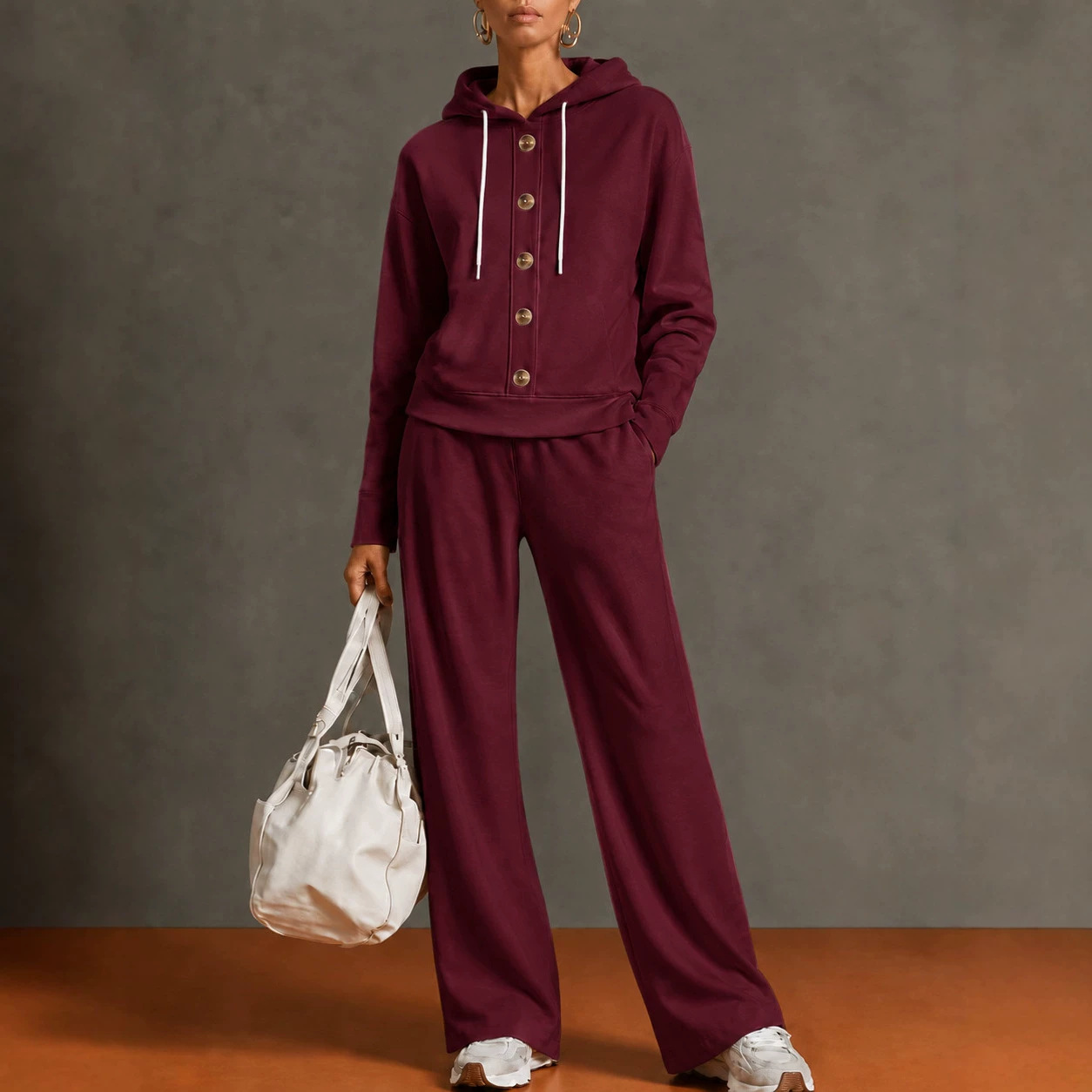秋冬無地フード付きボタンダウンパーカーとワイドレッグパンツの - Winter Clothing Affordable のレビューと価格