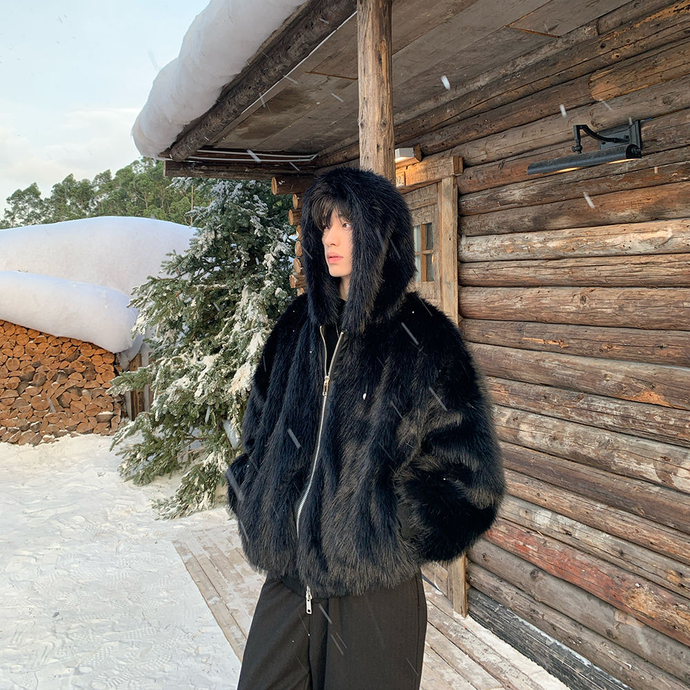 男性フェイクファーコートジャケットフード付きジッパーコート厚 - Winter Clothing Uae のレビューと価格