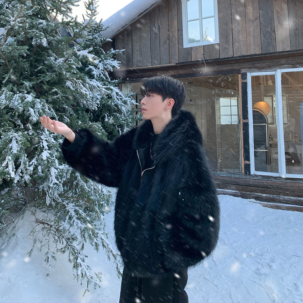 男性フェイクファーコートジャケットフード付きジッパーコート厚 - Winter Clothing Uae のレビューと価格