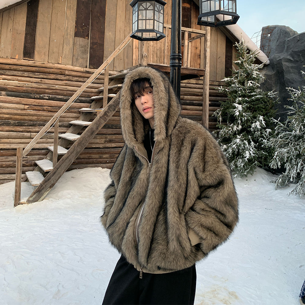 男性フェイクファーコートジャケットフード付きジッパーコート厚 - Winter Clothing Uae のレビューと価格