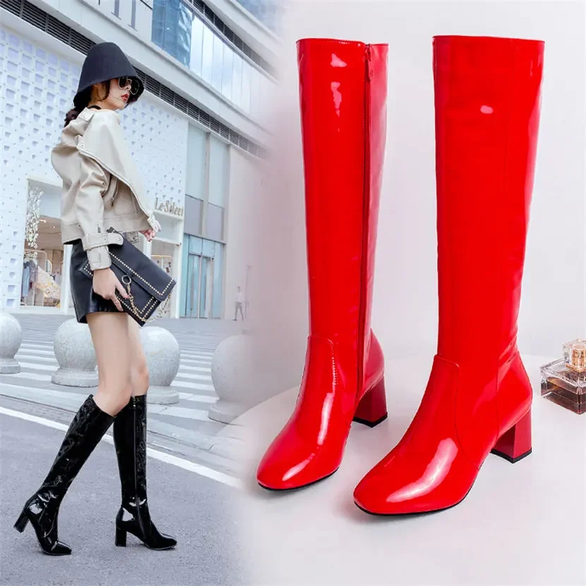 女性のための赤と白のパテントレザーニーハイブーツ,ブロックヒ - Winter Clothing Clearance Sale のレビューと価格
